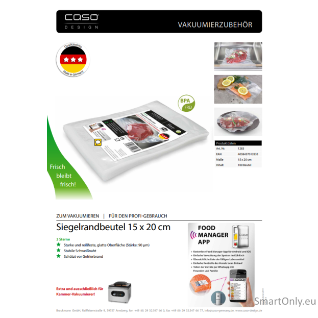 Caso | Sealed edge bags | 01283 | 100 bags | Dimensions (W x L) 15 x 20 cm 1 Caso | Sealed edge bags | 01283 | 100 bags | Dimensions (W x L) 15 x 20 cm 1