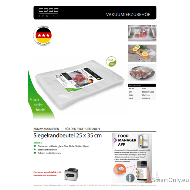 Caso | Sealed edge bags | 01286 | 100 bags | Dimensions (W x L) 25 x 35 cm 1 Caso | Sealed edge bags | 01286 | 100 bags | Dimensions (W x L) 25 x 35 cm 1