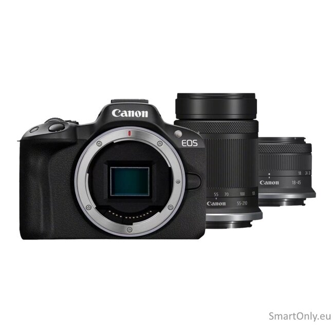 Canon | EOS R50 + RF-S 18-45mm F4.5-6.3 IS STM + RF-S 55-210mm F5-7.1 IS STM (SIP) | Megapixel 24.2 MP | Image stabilizer | ISO sensitivity (max) 32000 | Display diagonal 2.95 " | Wi-Fi | Video recording | Automatic, manual | CMOS | Black 8