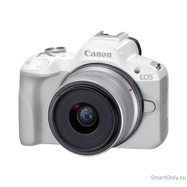 Canon | EOS R50 WH + RF-S 18-45mm F4.5-6.3 IS STM (SIP) | Megapixel 24.2 MP | Image stabilizer | ISO sensitivity (max) 32000 | Display diagonal 2.95 " | Wi-Fi | Video recording | Automatic, manual | CMOS | White 7 Canon | EOS R50 WH + RF-S 18-45mm F4.5-6.3 IS STM (SIP) | Megapixel 24.2 MP | Image stabilizer | ISO sensitivity (max) 32000 | Display diagonal 2.95 " | Wi-Fi | Video recording | Automatic, manual | CMOS | White 7