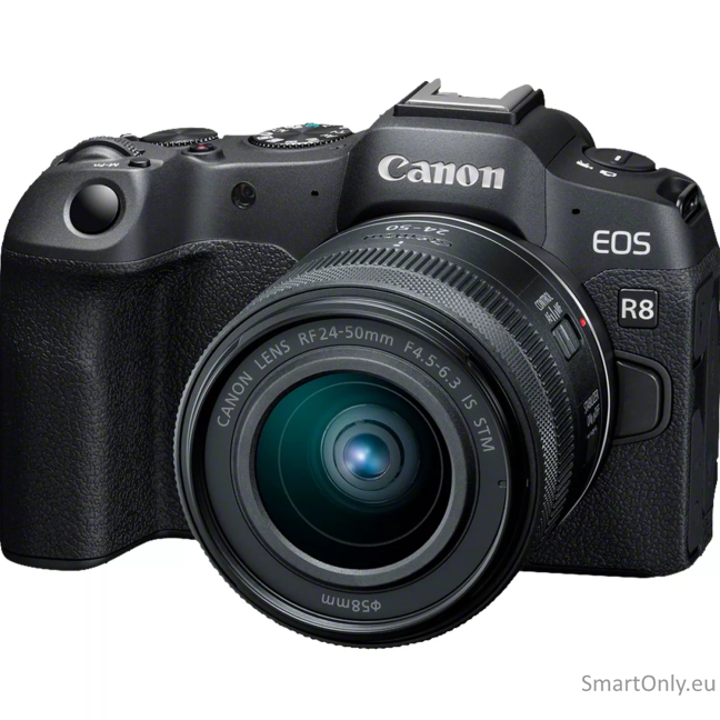 Canon | EOS R8 Body + RF 24-50mm F4.5-6.3 IS STM (AIP) | Megapixel 24.2 MP | Image stabilizer | ISO sensitivity (max) 102400 | Display diagonal 3 " | Wi-Fi | Video recording | Automatic, manual | CMOS 1 Canon | EOS R8 Body + RF 24-50mm F4.5-6.3 IS STM (AIP) | Megapixel 24.2 MP | Image stabilizer | ISO sensitivity (max) 102400 | Display diagonal 3 " | Wi-Fi | Video recording | Automatic, manual | CMOS 1