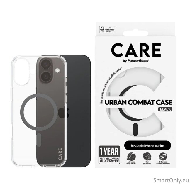 CARE by PanzerGlass Case Flagship | Back protection | Apple | iPhone 16 Plus | Recycled plastic | Transparent/Black | MagSafe 2 CARE by PanzerGlass Case Flagship | Back protection | Apple | iPhone 16 Plus | Recycled plastic | Transparent/Black | MagSafe 2