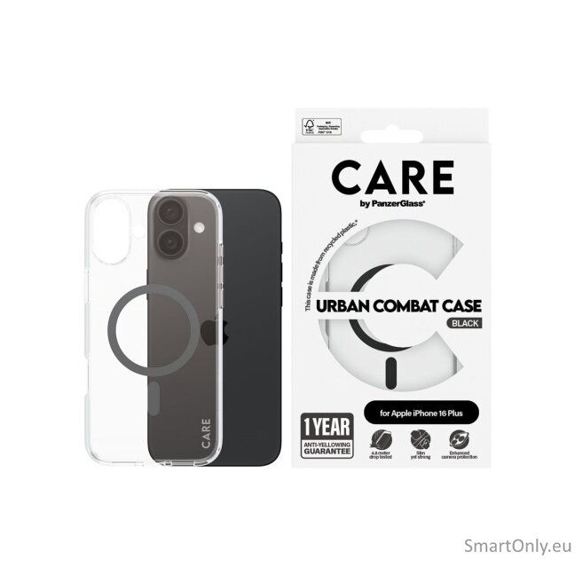 CARE by PanzerGlass Case Flagship | Back protection | Apple | iPhone 16 Plus | Recycled plastic | Transparent/Black | MagSafe 5 CARE by PanzerGlass Case Flagship | Back protection | Apple | iPhone 16 Plus | Recycled plastic | Transparent/Black | MagSafe 5