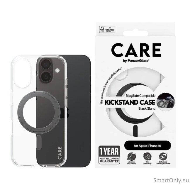 CARE by PanzerGlass Feature Case Transparent w. Black Kickstand & MagSafe iPhone 16 | CARE 2