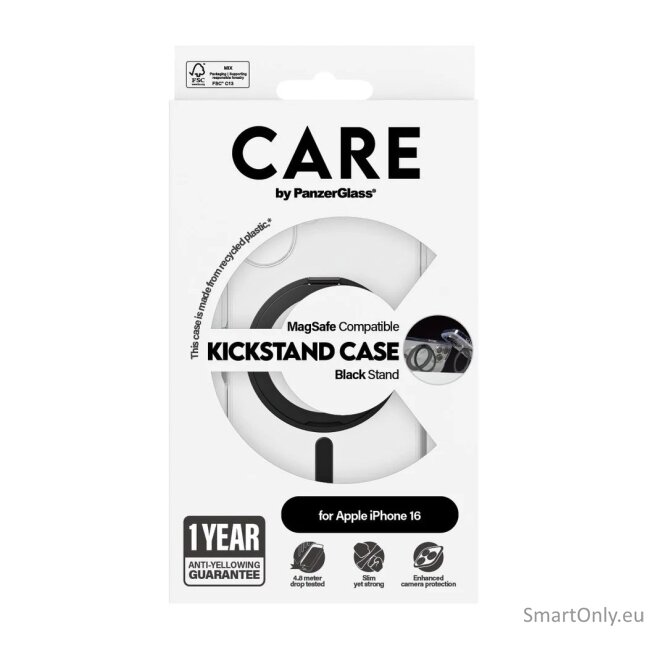 CARE by PanzerGlass Feature Case Transparent w. Black Kickstand & MagSafe iPhone 16 | CARE 3