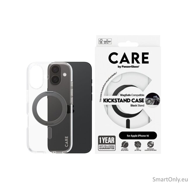 CARE by PanzerGlass Feature Case Transparent w. Black Kickstand & MagSafe iPhone 16 | CARE 5