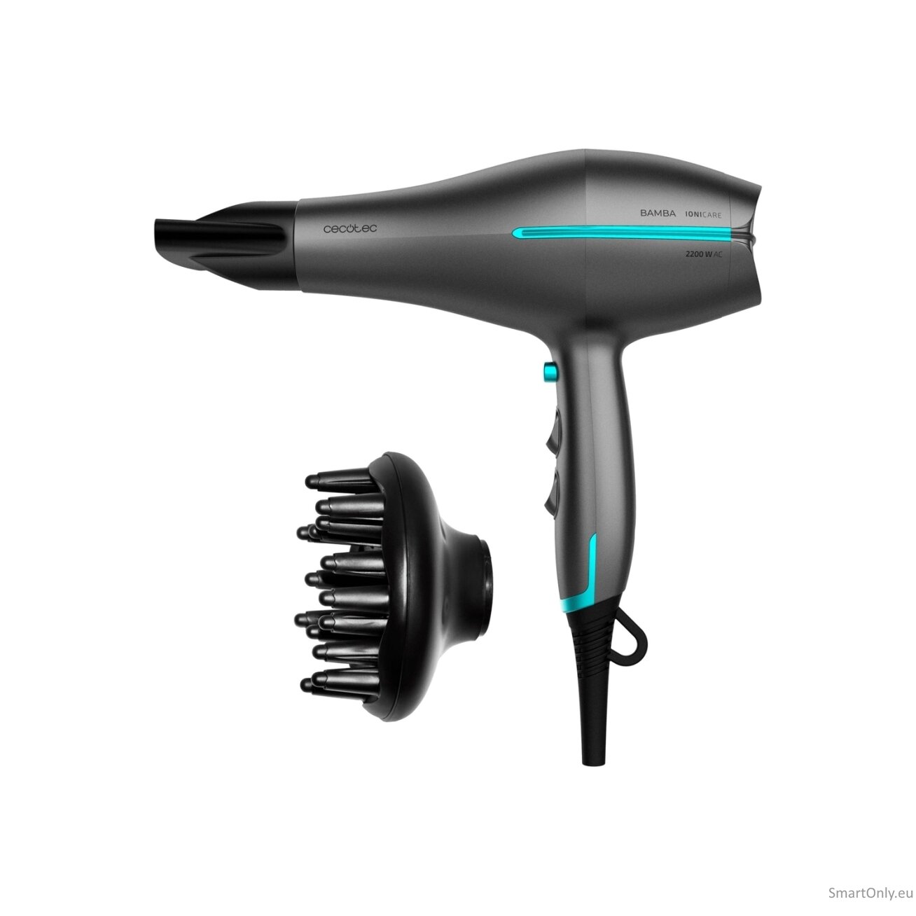 Cecotec Hair dryer | IoniCare 5300 Maxi Aura Black | 2200 W | Number of temperature settings 3 | Ionic function | Black/Grey | Diffuser nozzle Cecotec Hair dryer | IoniCare 5300 Maxi Aura Black | 2200 W | Number of temperature settings 3 | Ionic function | Black/Grey | Diffuser nozzle