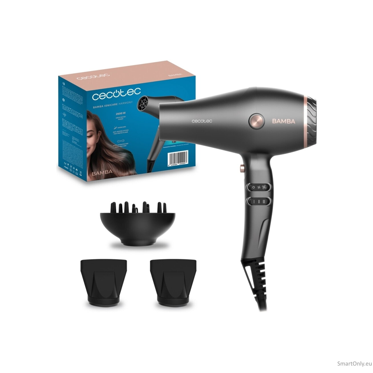 Cecotec Hair dryer | IoniCare Harmony | 2600 W | Number of temperature settings 3 | Ionic function | Grey | Diffuser nozzle Cecotec Hair dryer | IoniCare Harmony | 2600 W | Number of temperature settings 3 | Ionic function | Grey | Diffuser nozzle