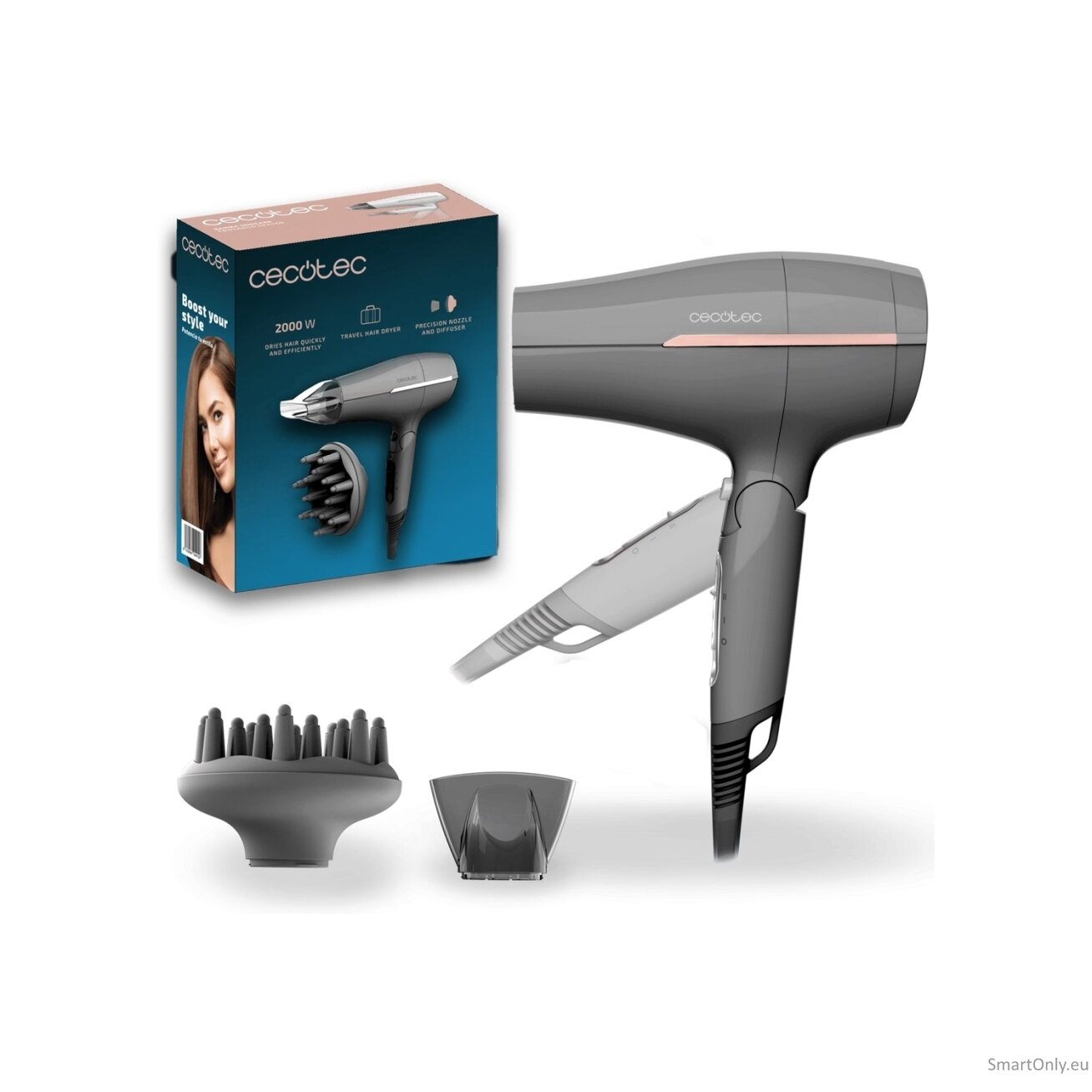 Cecotec Hair dryer | IoniCare Power&Go Heaven | 2000 W | Number of temperature settings 2 | Ionic function | Diffuser nozzle | Grey Cecotec Hair dryer | IoniCare Power&Go Heaven | 2000 W | Number of temperature settings 2 | Ionic function | Diffuser nozzle | Grey