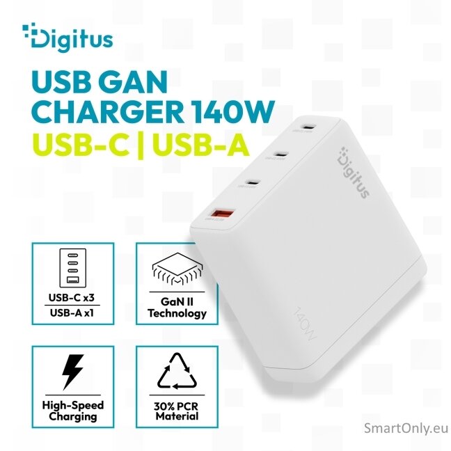 Digitus | USB GaN Charger 140W, 3x USB-C, 1x USB-A | DA-10305 2 Digitus | USB GaN Charger 140W, 3x USB-C, 1x USB-A | DA-10305 2