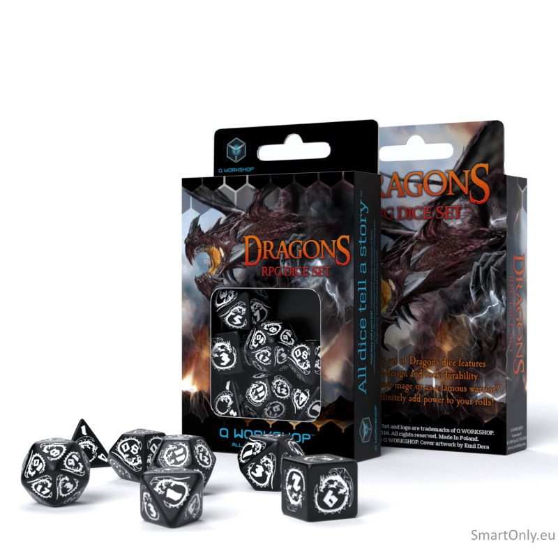 Dragons RPG kauliukų rinkinys juodos ir baltos spalvų Dragons RPG kauliukų rinkinys juodos ir baltos spalvų