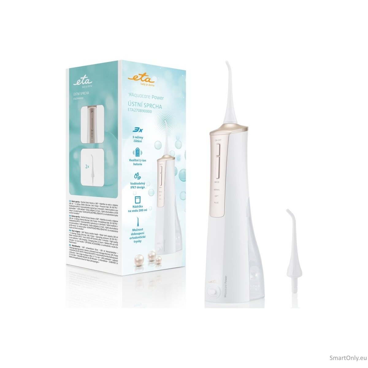 ETA Oral Irrigator Sonetic ETA270890000 Cordless, 200 ml, Number of heads 2, White/Gold 5