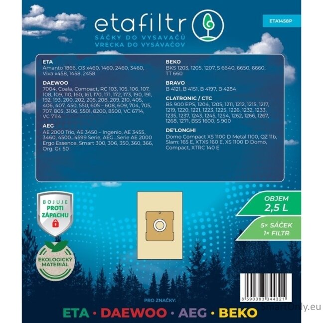ETA Dust bags for ETA, Daewoo, AEG and Beko vacuum cleaners | ETA1458P | 5 pc(s) | Brown 1 ETA Dust bags for ETA, Daewoo, AEG and Beko vacuum cleaners | ETA1458P | 5 pc(s) | Brown 1