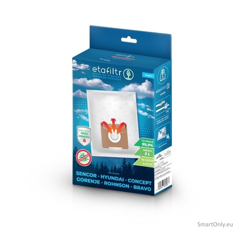 ETA Dust bags for vacuum cleaners Concept, ECG, Gorenje, Hyundai, Rohnson, Samsung, Sencor, Tesla and others | ETASEN1 | 4 pc(s) | White 1 ETA Dust bags for vacuum cleaners Concept, ECG, Gorenje, Hyundai, Rohnson, Samsung, Sencor, Tesla and others | ETASEN1 | 4 pc(s) | White 1