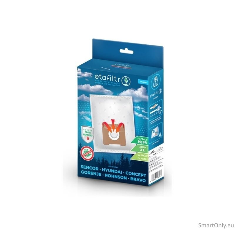 ETA Dust bags for vacuum cleaners Concept, ECG, Gorenje, Hyundai, Rohnson, Samsung, Sencor, Tesla and others | ETASEN1 | 4 pc(s) | White ETA Dust bags for vacuum cleaners Concept, ECG, Gorenje, Hyundai, Rohnson, Samsung, Sencor, Tesla and others | ETASEN1 | 4 pc(s) | White