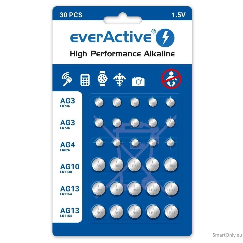 EverActive šarminių baterijų rinkinys AG3 x 10 AG4 x 5 AG10 x 5 AG13 x 10 EverActive šarminių baterijų rinkinys AG3 x 10 AG4 x 5 AG10 x 5 AG13 x 10