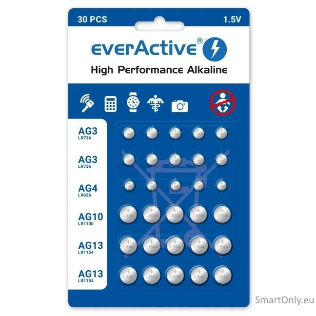 EverActive šarminių baterijų rinkinys AG3 x 10 AG4 x 5 AG10 x 5 AG13 x 10