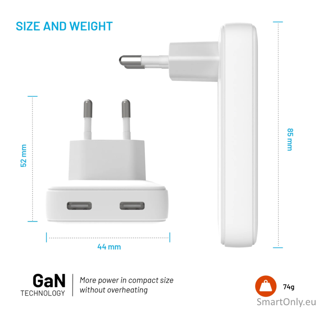 Fixed Slim 2xUSB-C Travel Charger, GaN, PD support 2