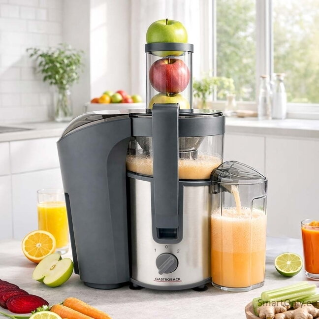 Gastroback Vital Juicer Plus | 40116 | Type Centrifugal juicer | Silver/Black | 800 W | Extra large fruit input | Number of speeds 2 6 Gastroback Vital Juicer Plus | 40116 | Type Centrifugal juicer | Silver/Black | 800 W | Extra large fruit input | Number of speeds 2 6