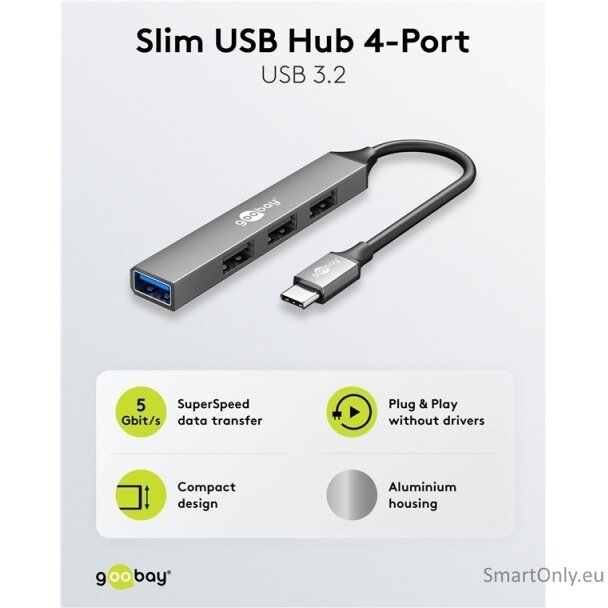 Goobay Slim 4-Port USB Hub, USB-C to USB-A, 5 Gbit/s | 74457 1 Goobay Slim 4-Port USB Hub, USB-C to USB-A, 5 Gbit/s | 74457 1