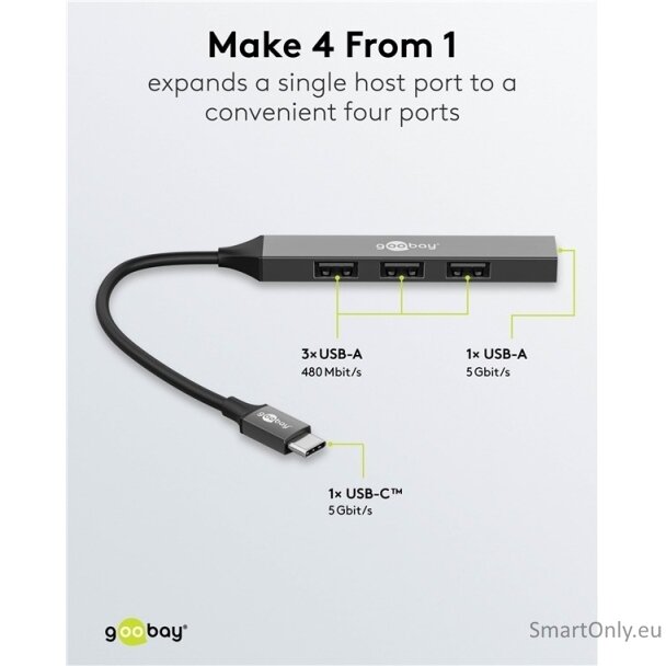 Goobay Slim 4-Port USB Hub, USB-C to USB-A, 5 Gbit/s | 74457 2 Goobay Slim 4-Port USB Hub, USB-C to USB-A, 5 Gbit/s | 74457 2