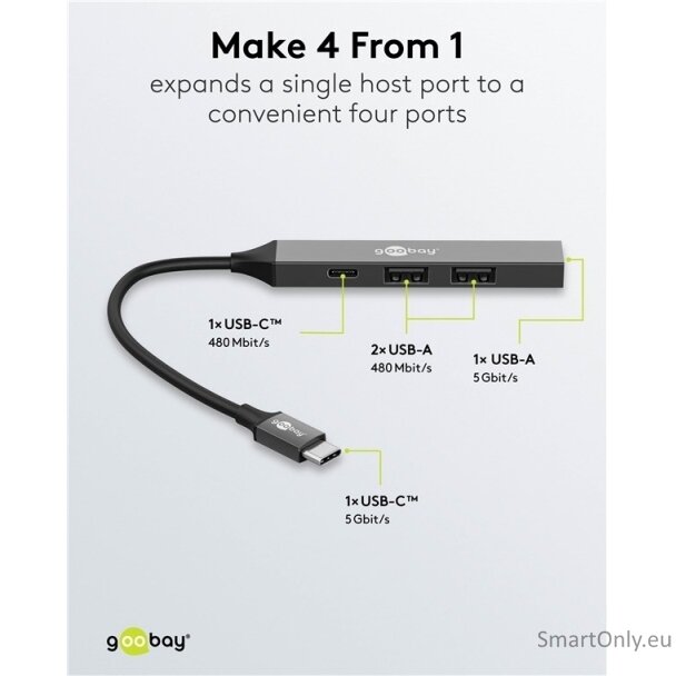 Goobay Slim 4-Port USB Hub, USB-C to USB-C/USB-A, 5 Gbit/s | 74459 2 Goobay Slim 4-Port USB Hub, USB-C to USB-C/USB-A, 5 Gbit/s | 74459 2