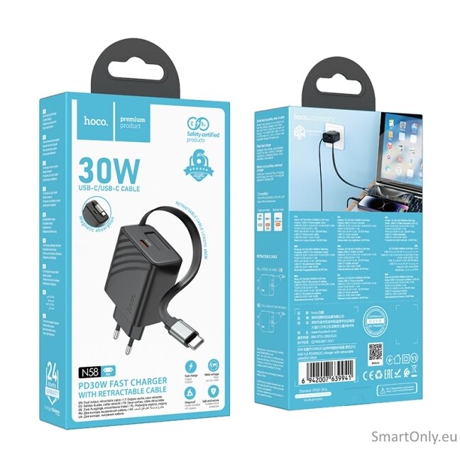 HOCO N58 PD30W CC kroviklis su ištraukiamu laidu Black 6