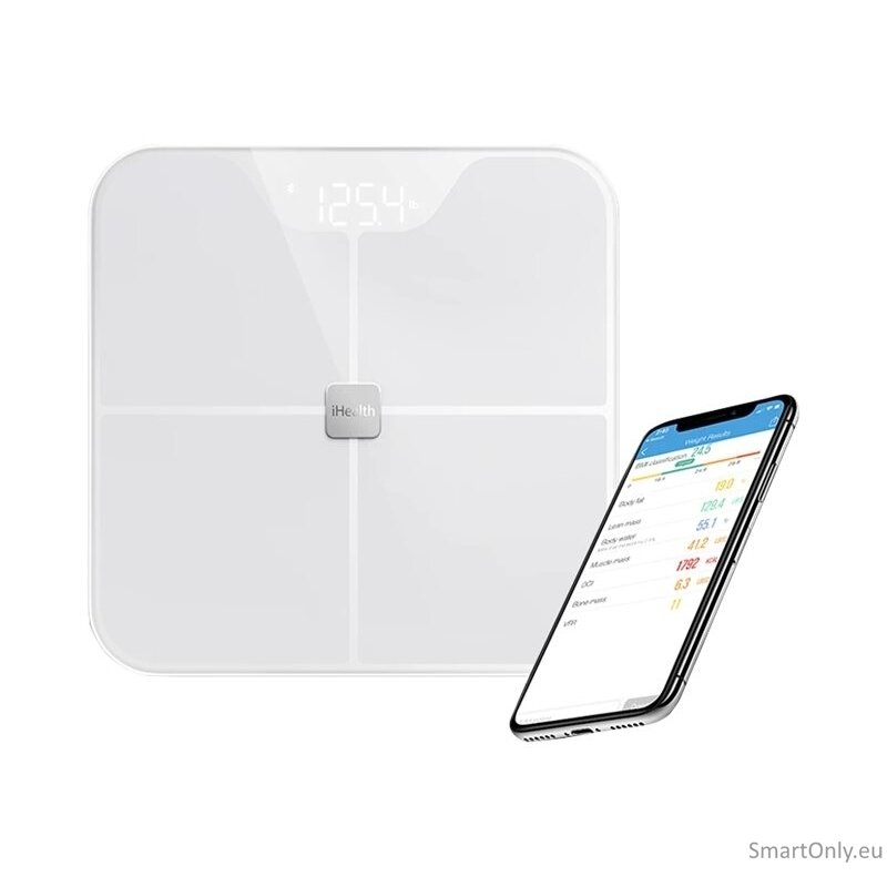 iHealth | Body Analysis Scales | HS2S | Body fat analysis | Body Mass Index (BMI) measuring | Body water percentage | Bone mass analysis | Maximum weight (capacity) 180 kg | Memory function | Multiple users | Muscle ratio/density analysis 1 iHealth | Body Analysis Scales | HS2S | Body fat analysis | Body Mass Index (BMI) measuring | Body water percentage | Bone mass analysis | Maximum weight (capacity) 180 kg | Memory function | Multiple users | Muscle ratio/density analysis 1