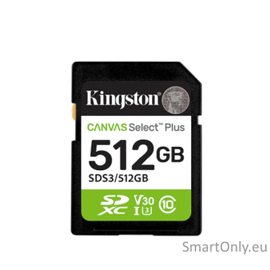 Kingston Canvas Select Plus | 512 GB | SD | Flash memory class Class 10, UHS-I, U1/U3, Video Class 10/30 Kingston Canvas Select Plus | 512 GB | SD | Flash memory class Class 10, UHS-I, U1/U3, Video Class 10/30