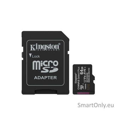 Kingston Canvas Select Plus | 64 GB | microSD | Flash memory class Class 10, UHS-I, U1/U3, video class 10/30, A1 Kingston Canvas Select Plus | 64 GB | microSD | Flash memory class Class 10, UHS-I, U1/U3, video class 10/30, A1
