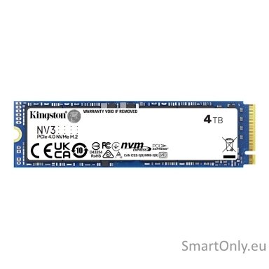 Kingston SSD | NV3 | 4000 GB | SSD form factor M.2 2280 | Solid-state drive interface PCIe 4.0 x4 NVMe | Read speed 6000 MB/s | Write speed 5000 MB/s Kingston SSD | NV3 | 4000 GB | SSD form factor M.2 2280 | Solid-state drive interface PCIe 4.0 x4 NVMe | Read speed 6000 MB/s | Write speed 5000 MB/s