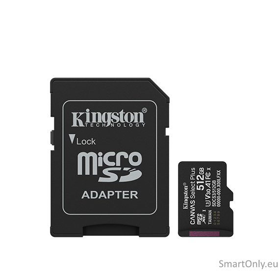 Kingston Canvas Select Plus | 512 GB | microSD | Flash memory class Class 10, UHS-I, U1/U3, video class 10/30, A1 Kingston Canvas Select Plus | 512 GB | microSD | Flash memory class Class 10, UHS-I, U1/U3, video class 10/30, A1