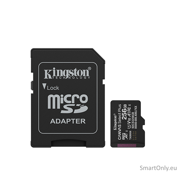 Kingston Canvas Select Plus | 256 GB | microSD | Flash memory class Class 10, UHS-I, U1/U3, video class 10/30, A1