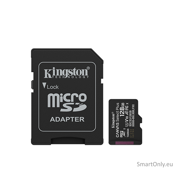 Kingston Canvas Select Plus | 128 GB | microSD | Flash memory class Class 10, UHS-I, U1/U3, video class 10/30, A1 Kingston Canvas Select Plus | 128 GB | microSD | Flash memory class Class 10, UHS-I, U1/U3, video class 10/30, A1