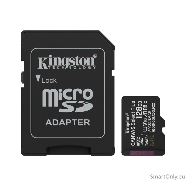 Kingston Canvas Select Plus | 128 GB | microSD | Flash memory class Class 10, UHS-I, U1/U3, video class 10/30, A1 2