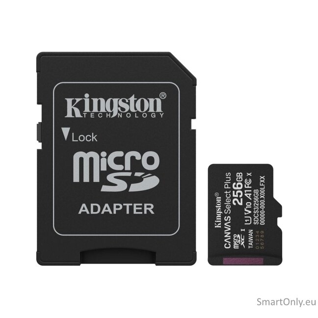 Kingston Canvas Select Plus | 256 GB | microSD | Flash memory class Class 10, UHS-I, U1/U3, video class 10/30, A1 2 Kingston Canvas Select Plus | 256 GB | microSD | Flash memory class Class 10, UHS-I, U1/U3, video class 10/30, A1 2