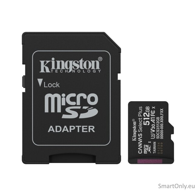 Kingston Canvas Select Plus | 512 GB | microSD | Flash memory class Class 10, UHS-I, U1/U3, video class 10/30, A1 2 Kingston Canvas Select Plus | 512 GB | microSD | Flash memory class Class 10, UHS-I, U1/U3, video class 10/30, A1 2