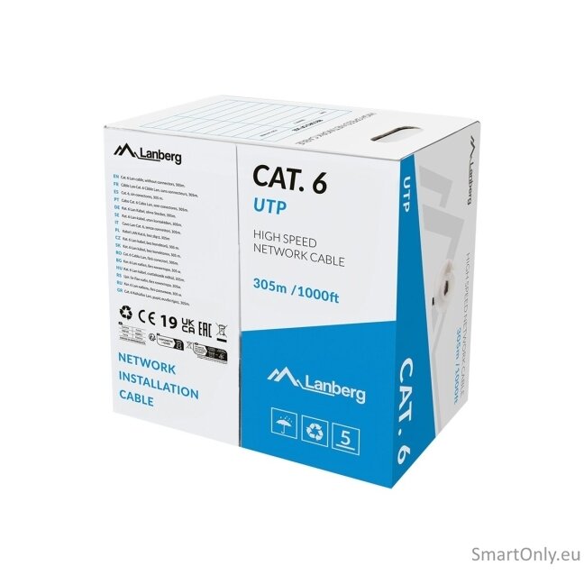 Lanberg Lan Cable Cat.6 UTP 305M Solid CU LSZH Grey CPR+ Fluke Passed | Lanberg 6 Lanberg Lan Cable Cat.6 UTP 305M Solid CU LSZH Grey CPR+ Fluke Passed | Lanberg 6
