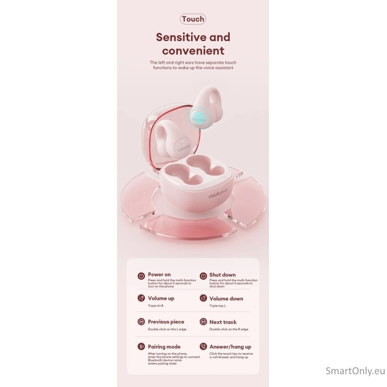 Lenovo LP13 Ear Clip TWS belaidės ausinės Pink 9