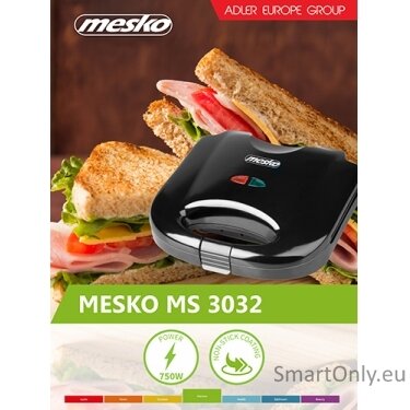 Mesko | Sandwich maker | MS 3032 | 750 W | Number of plates 1 | Number of pastry 2 | Black 2 Mesko | Sandwich maker | MS 3032 | 750 W | Number of plates 1 | Number of pastry 2 | Black 2