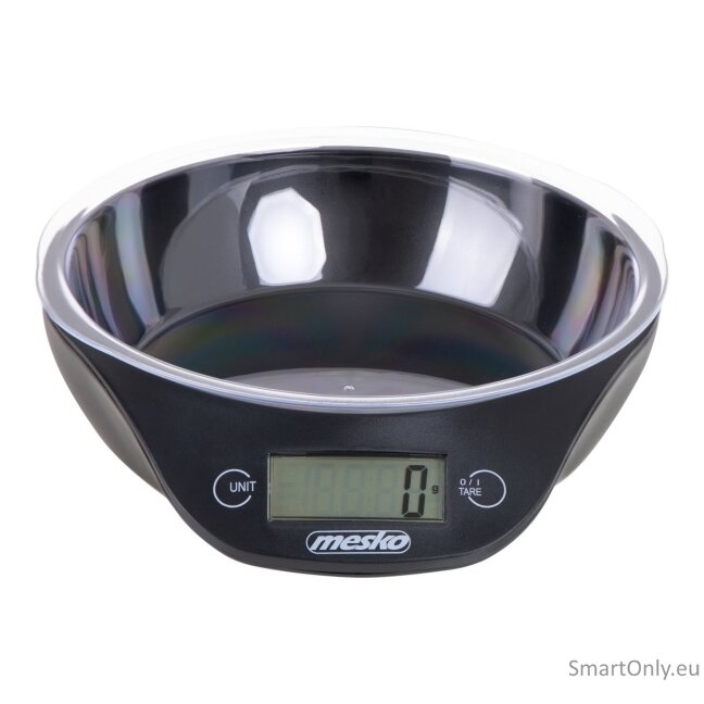 Mesko Kitchen scale with a bowl MS 3164 Maximum weight (capacity) 5 kg Graduation 1 g Display type LCD Black 4 Mesko Kitchen scale with a bowl MS 3164 Maximum weight (capacity) 5 kg Graduation 1 g Display type LCD Black 4
