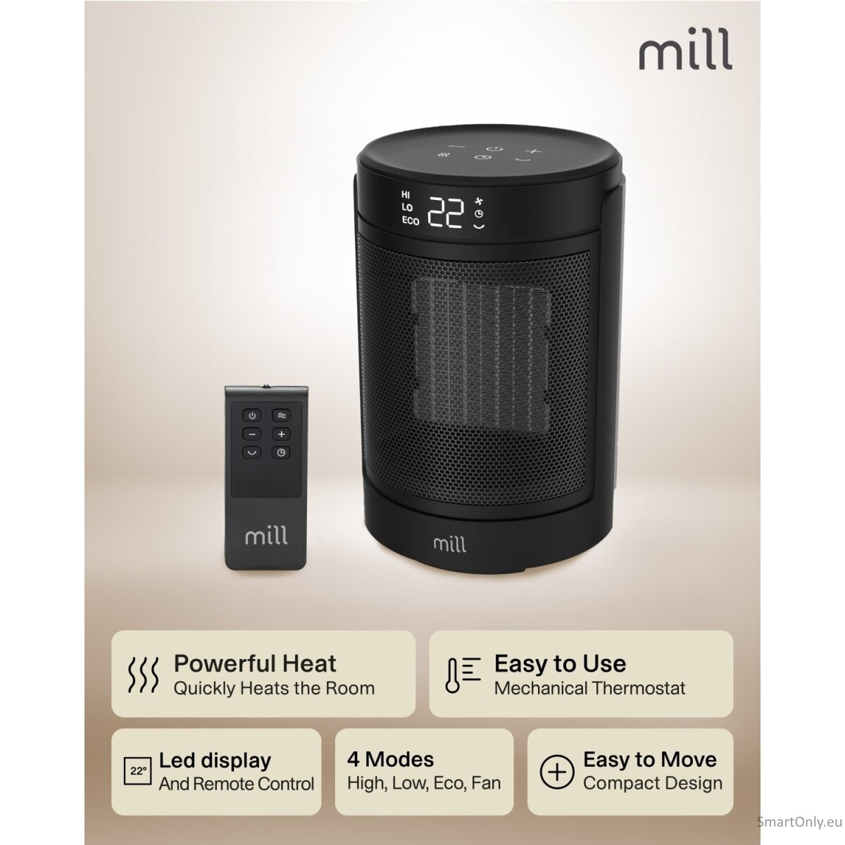 Mill FH1500BLACK | Ceramic fan heater | 1500 W | Suitable for rooms up to 22 m² | Black 2 Mill FH1500BLACK | Ceramic fan heater | 1500 W | Suitable for rooms up to 22 m² | Black 2