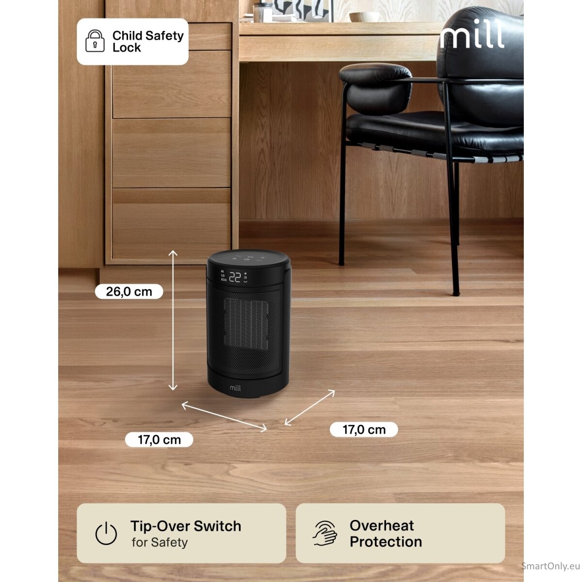 Mill FH1500BLACK | Ceramic fan heater | 1500 W | Suitable for rooms up to 22 m² | Black 3 Mill FH1500BLACK | Ceramic fan heater | 1500 W | Suitable for rooms up to 22 m² | Black 3