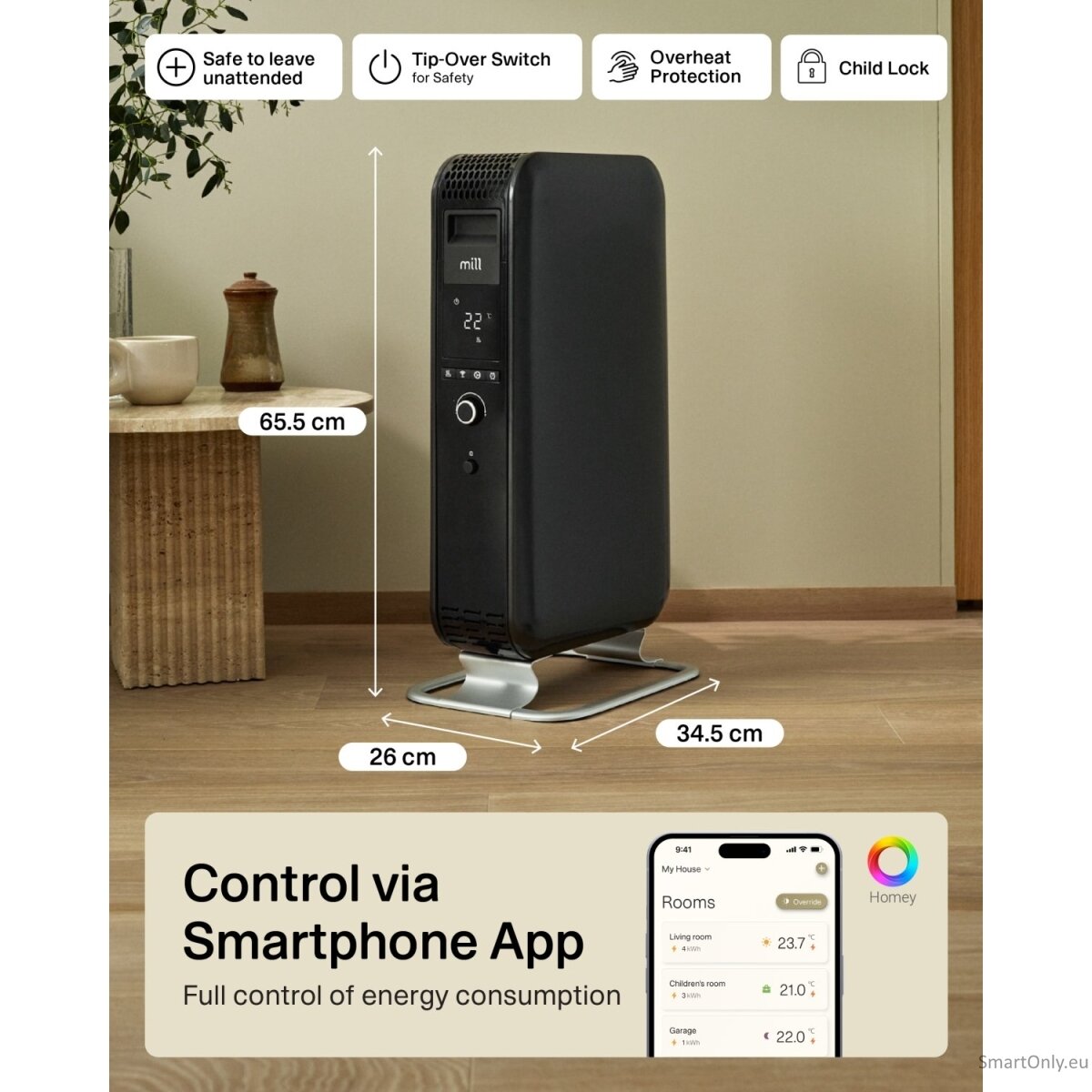 Mill | Heater | OIL1500WIFI3 Gentle Air | Oil Filled Radiator | 1500 W | Suitable for rooms up to 22 m² | Black 7