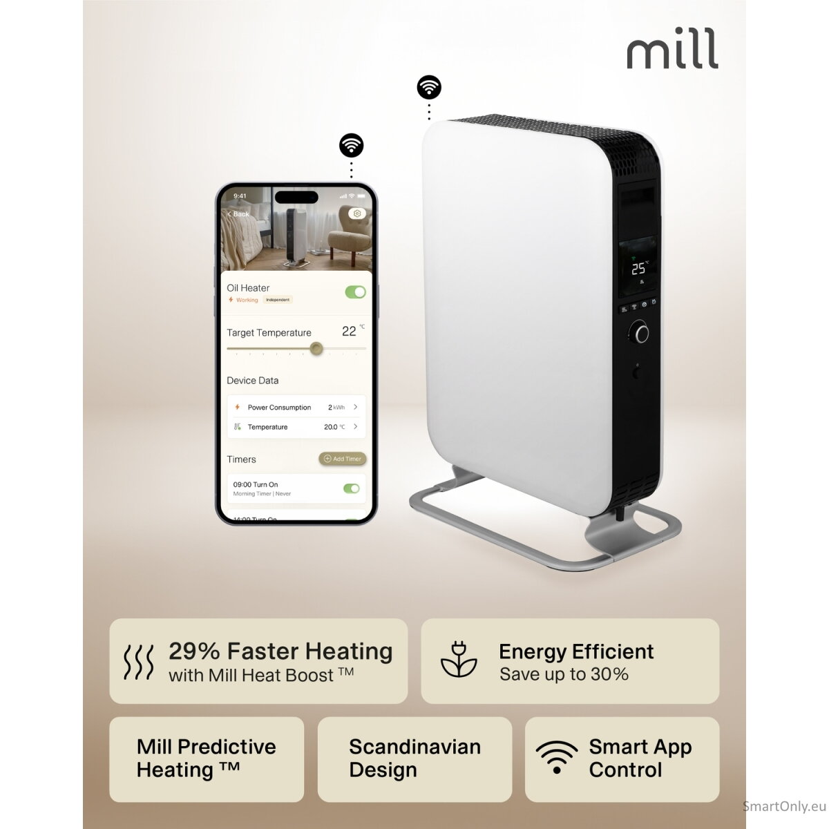 Mill | Heater | OIL2000WIFI3 GEN3 | Oil Filled Radiator | 2000 W | Number of power levels 3 | Suitable for rooms up to 24 m² | White/Black 11 Mill | Heater | OIL2000WIFI3 GEN3 | Oil Filled Radiator | 2000 W | Number of power levels 3 | Suitable for rooms up to 24 m² | White/Black 11
