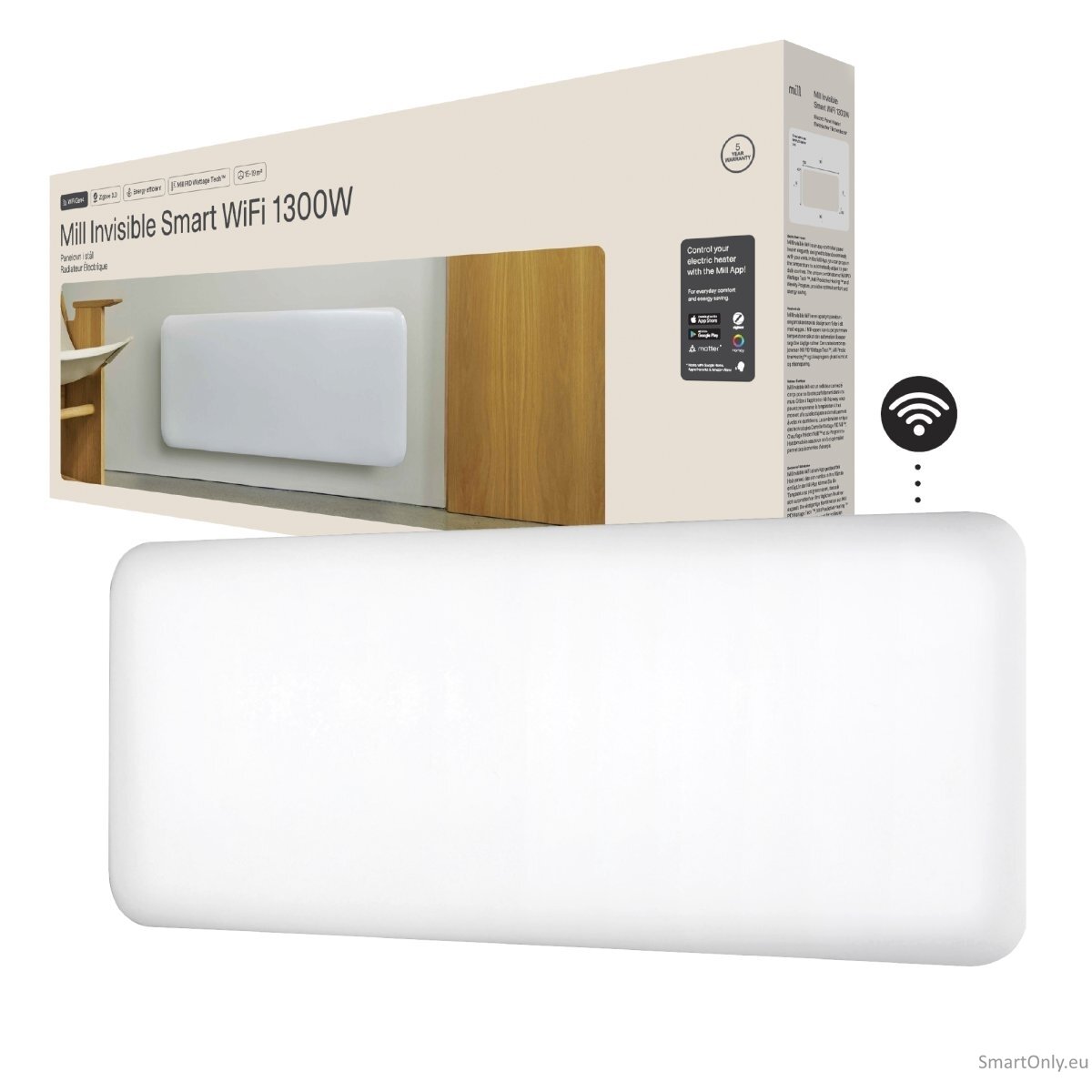Mill Invisible Smart WiFi Heater | PA1300WIFI4 | Panel Heater | 1300 W | Suitable for rooms up to 15-19 m² | White | IPX4