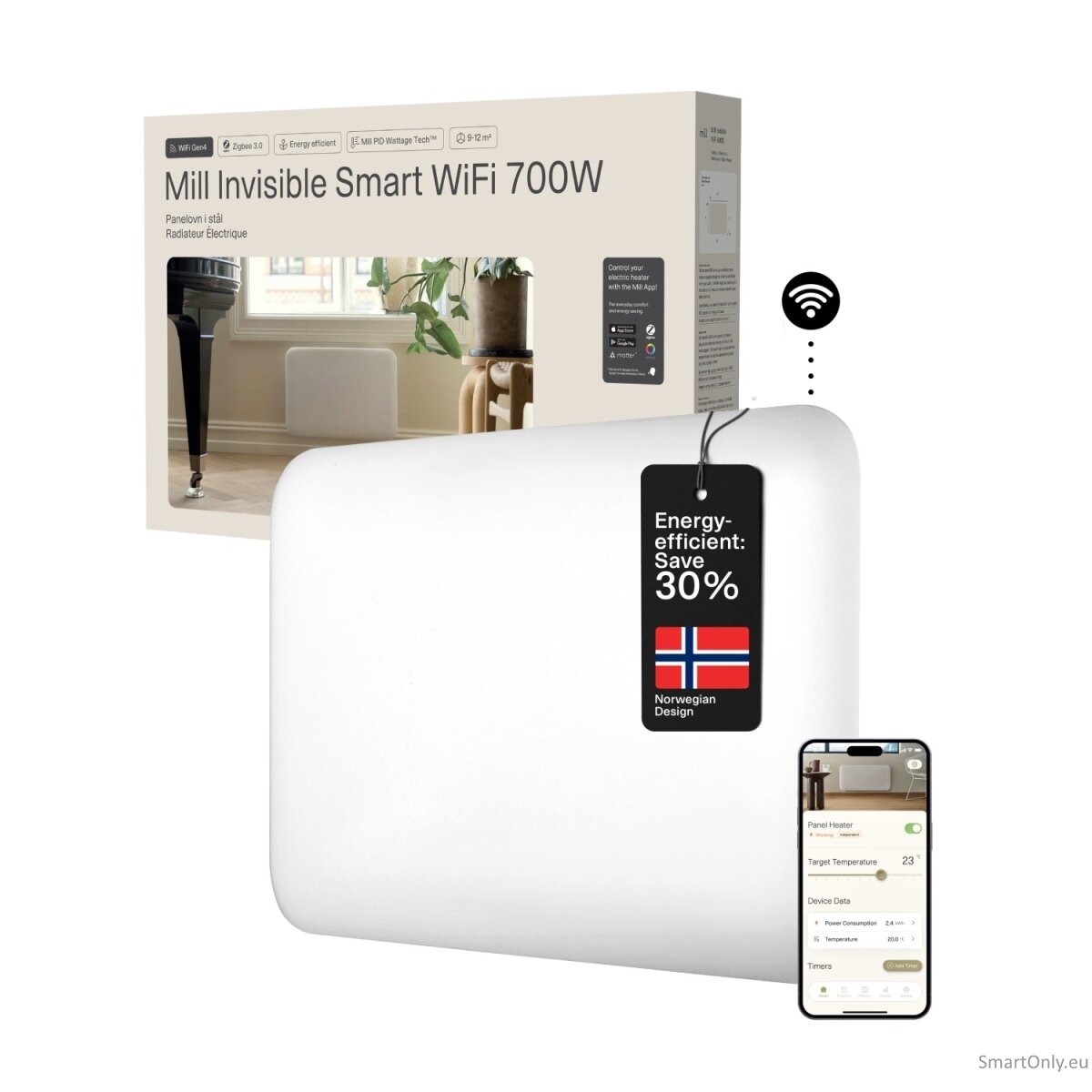 Mill Invisible Smart WiFi Heater | PA700WIFI4 | Panel Heater | 700 W | Suitable for rooms up to 9-12 m² | White | IPX4 5