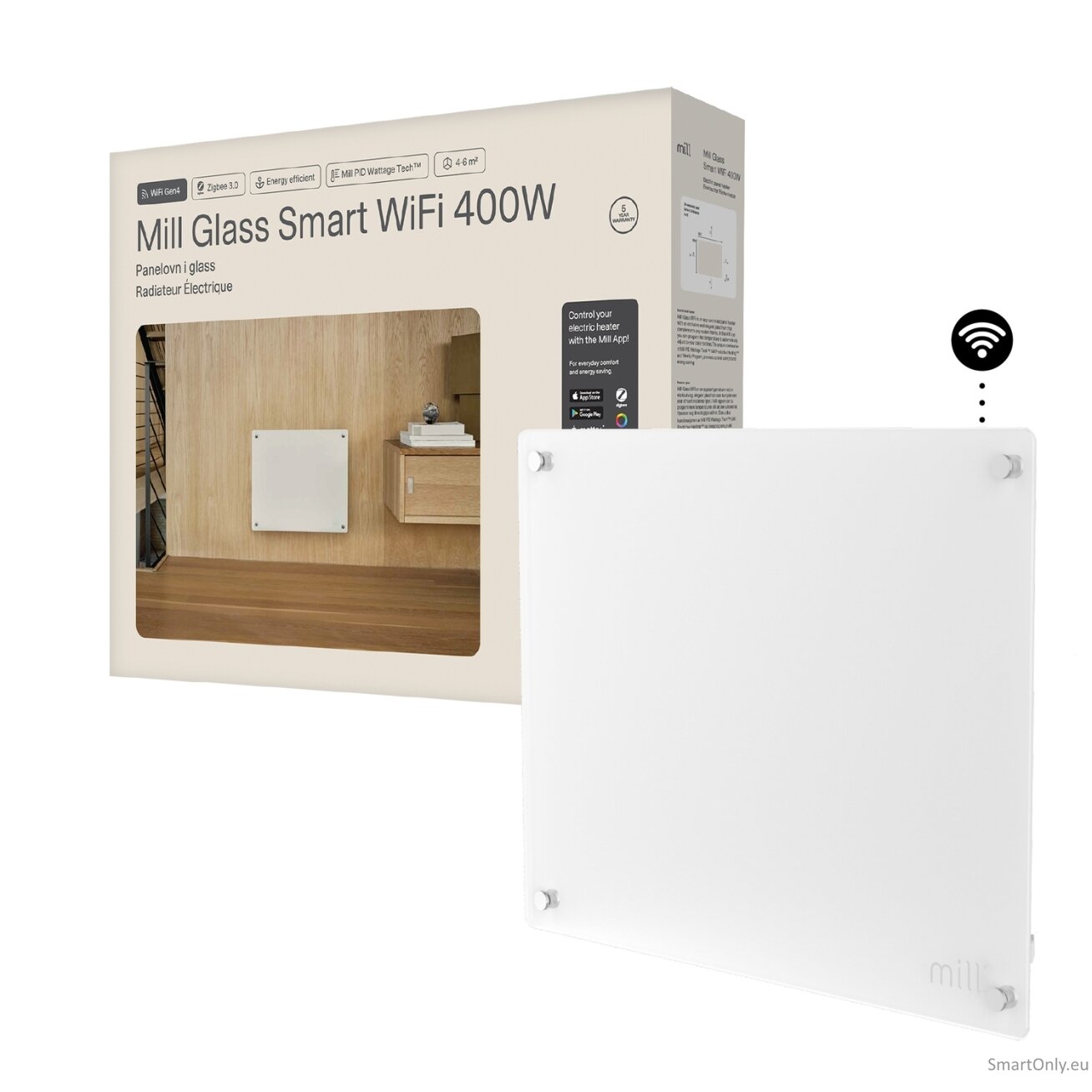 Mill Glass Smart WiFi Panel Heater Gen. 4 | GL400WIFI4 | Panel Heater | 400 W | Suitable for rooms up to 4-6 m² | White | IPX4 Mill Glass Smart WiFi Panel Heater Gen. 4 | GL400WIFI4 | Panel Heater | 400 W | Suitable for rooms up to 4-6 m² | White | IPX4