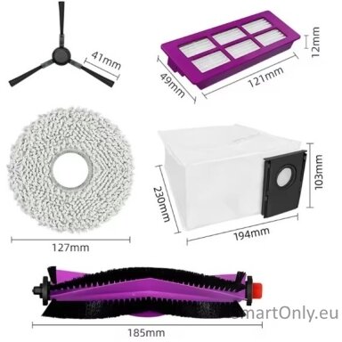 Midea V15 Spare Parts kit: 1x Side Brush, 2x Mop Pad, 1x Roller Brush, 1x Filter, 1x Dust Bag Midea V15 Spare Parts kit: 1x Side Brush, 2x Mop Pad, 1x Roller Brush, 1x Filter, 1x Dust Bag