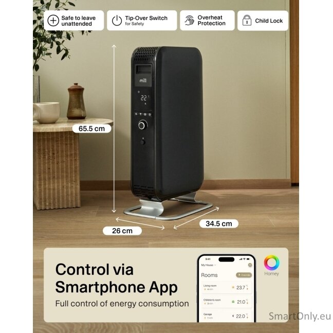 Mill | Heater | OIL1500WIFI3 Gentle Air | Oil Filled Radiator | 1500 W | Suitable for rooms up to 22 m² | Black 7